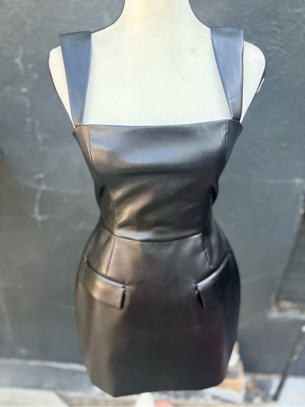 Amanda Uprichard Black Faux Leather Romper Dress with Wide Straps Size XS